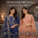 Women wearing premium designer dresses with elegant craftsmanship for festive and party wear by Pryom