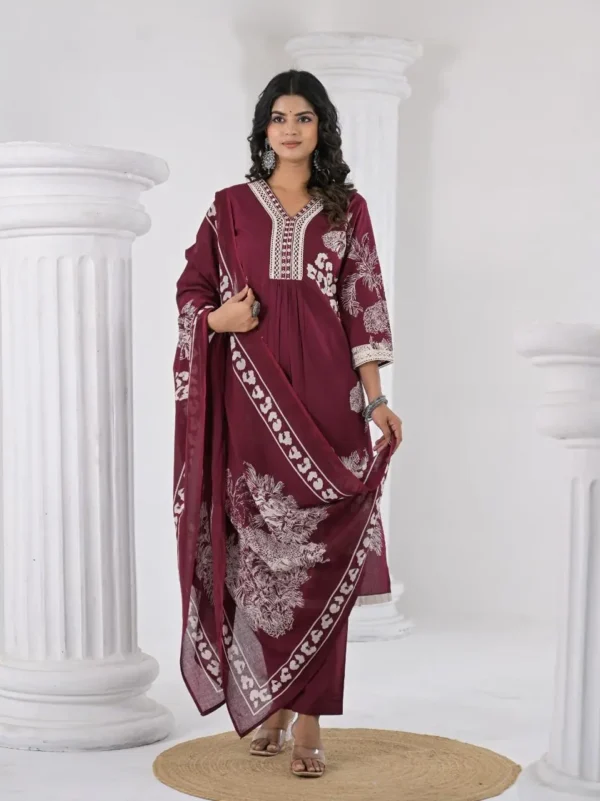 Maroon cotton kurti pant set for women by Pryom, summer comfortable ethnic wea
