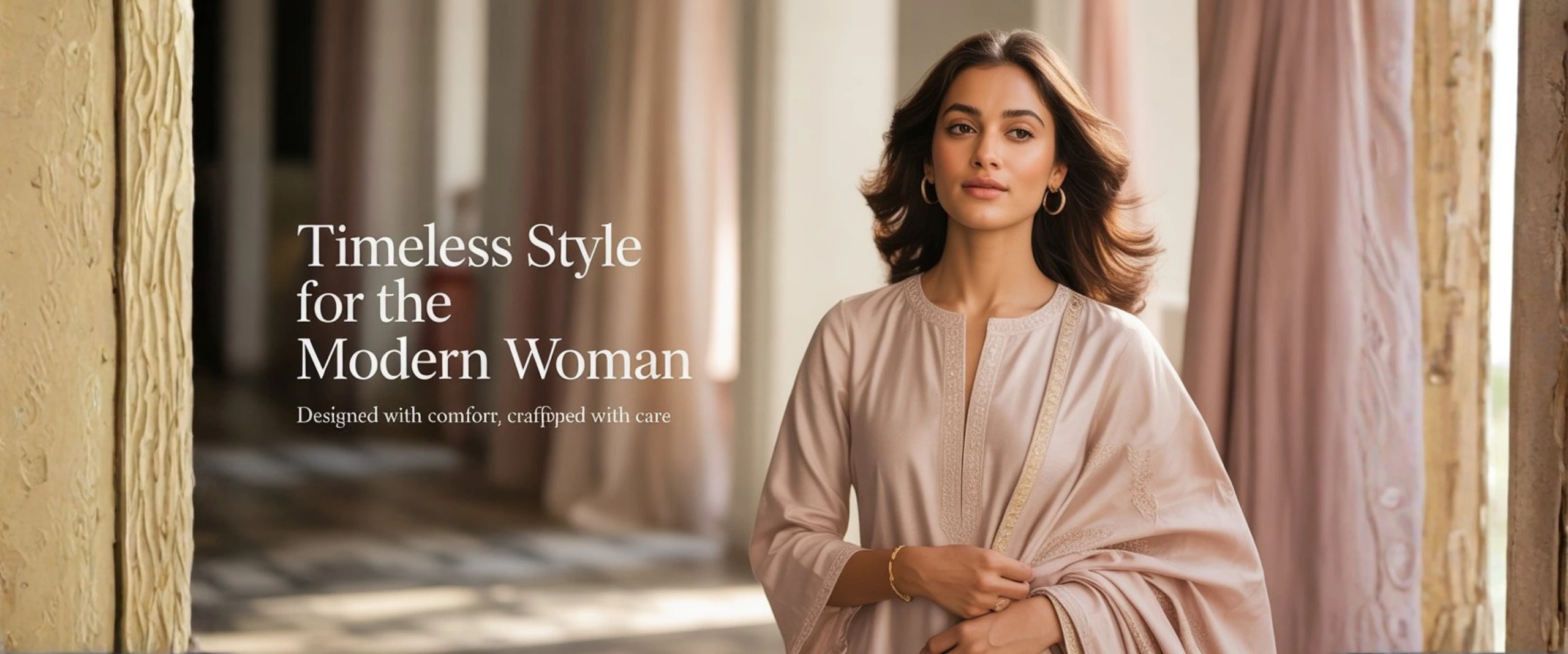 Indian woman wearing elegant PRYOM ethnic wear standing gracefully in a serene indoor setting