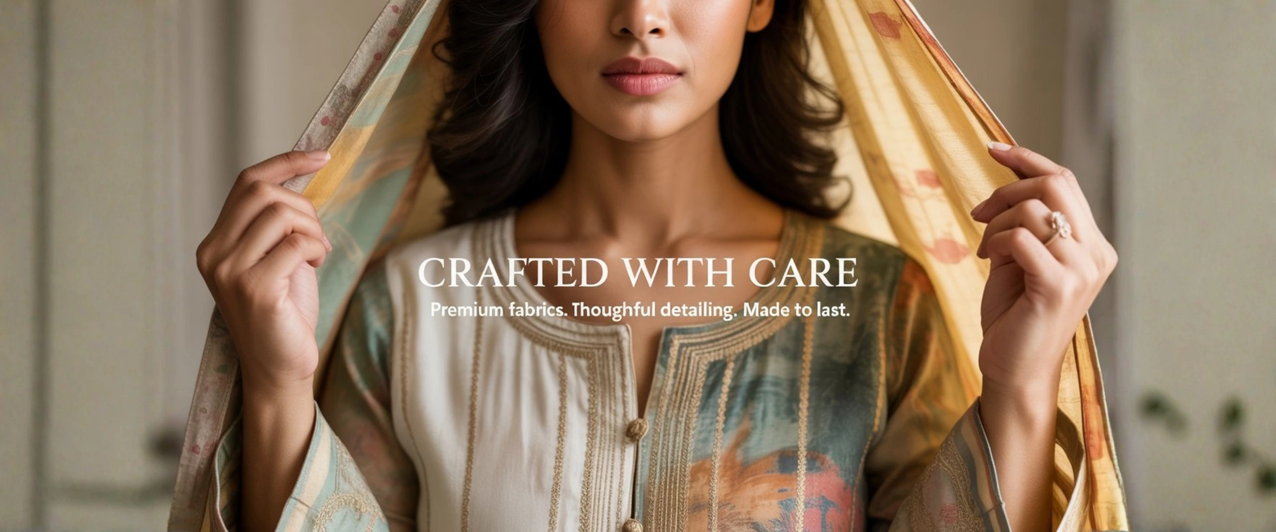 Close-up of PRYOM designer kurti showcasing premium fabric, fine stitching, and traditional Indian detailing