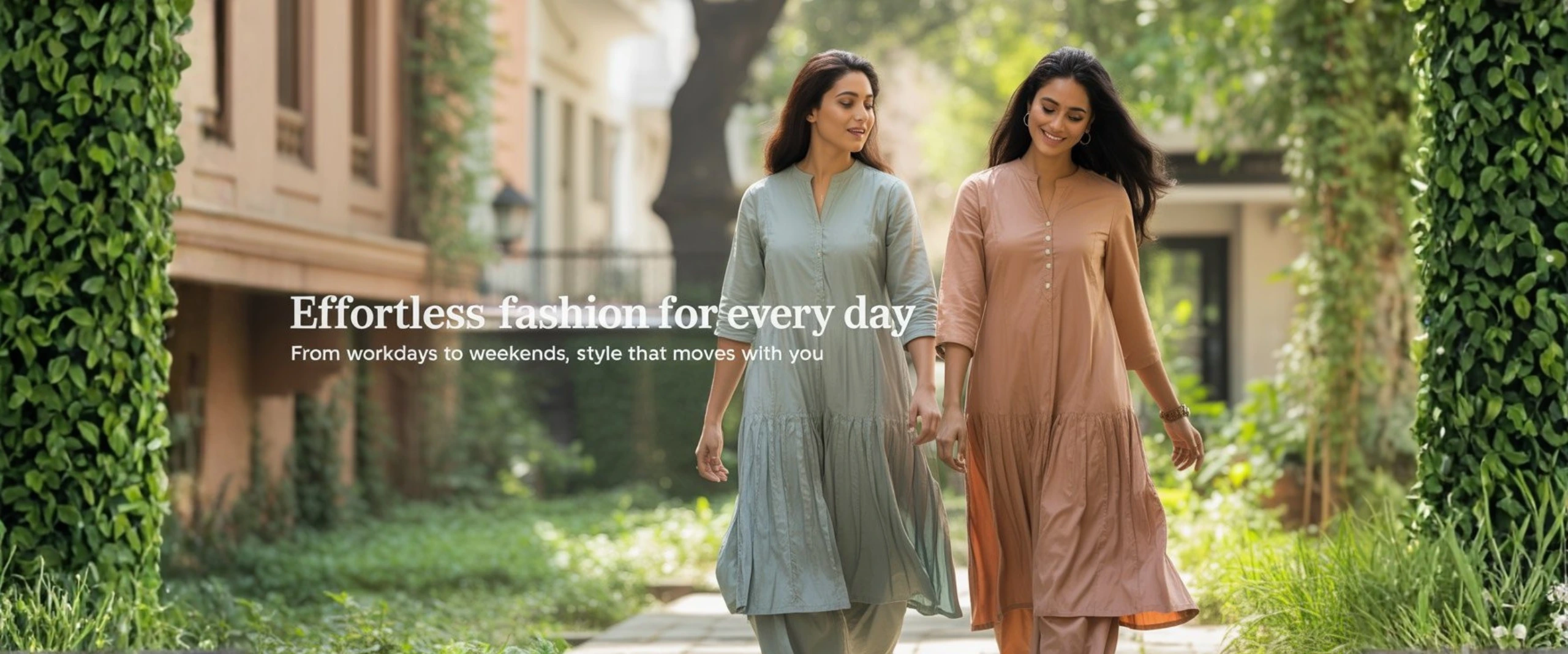 Two Indian women walking outdoors wearing comfortable cotton kurti pant sets by PRYOM for everyday wear