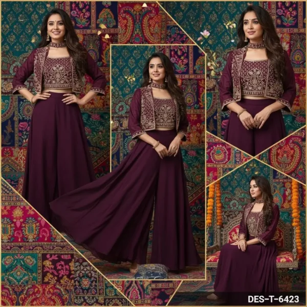 Maroon crop top skirt set with heavy embroidered jacket for wedding and festive occasions