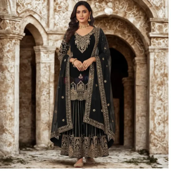 Black sarara set with heavy golden embroidery and dupatta for festive and wedding wear