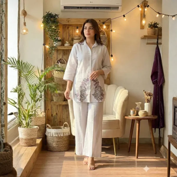 white handwork coord set for women casual wear elegant kurti pant set
