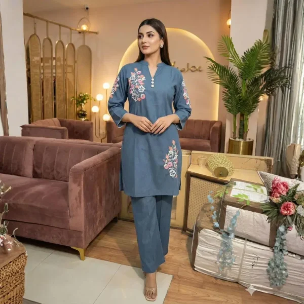 blue embroidered coord set for women kurti pant set office wear casual outfit