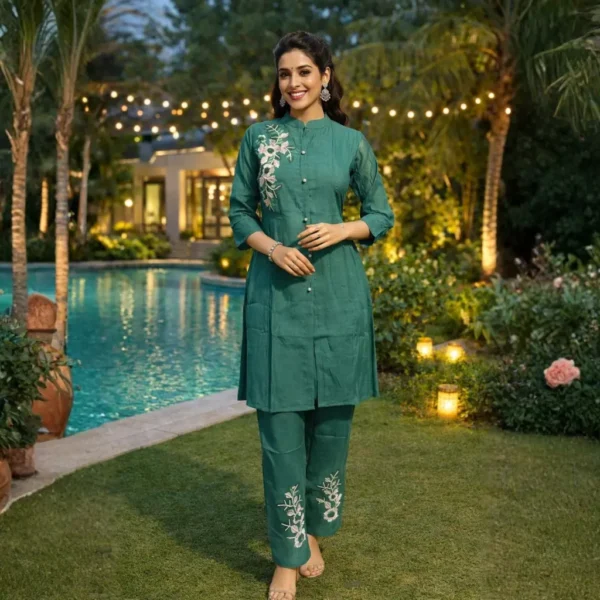 green handwork coord set for women office wear kurti pant set casual outfit