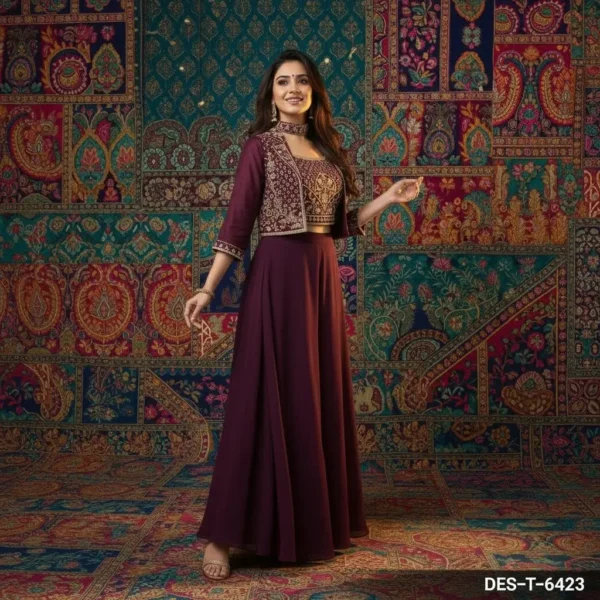 Maroon crop top skirt set with heavy embroidered jacket for wedding and festive occasions