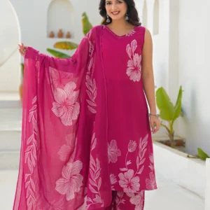 Pryom Pink Floral Kurti Pant Set with Dupatta – Elegant Summer Ethnic Wear for Women